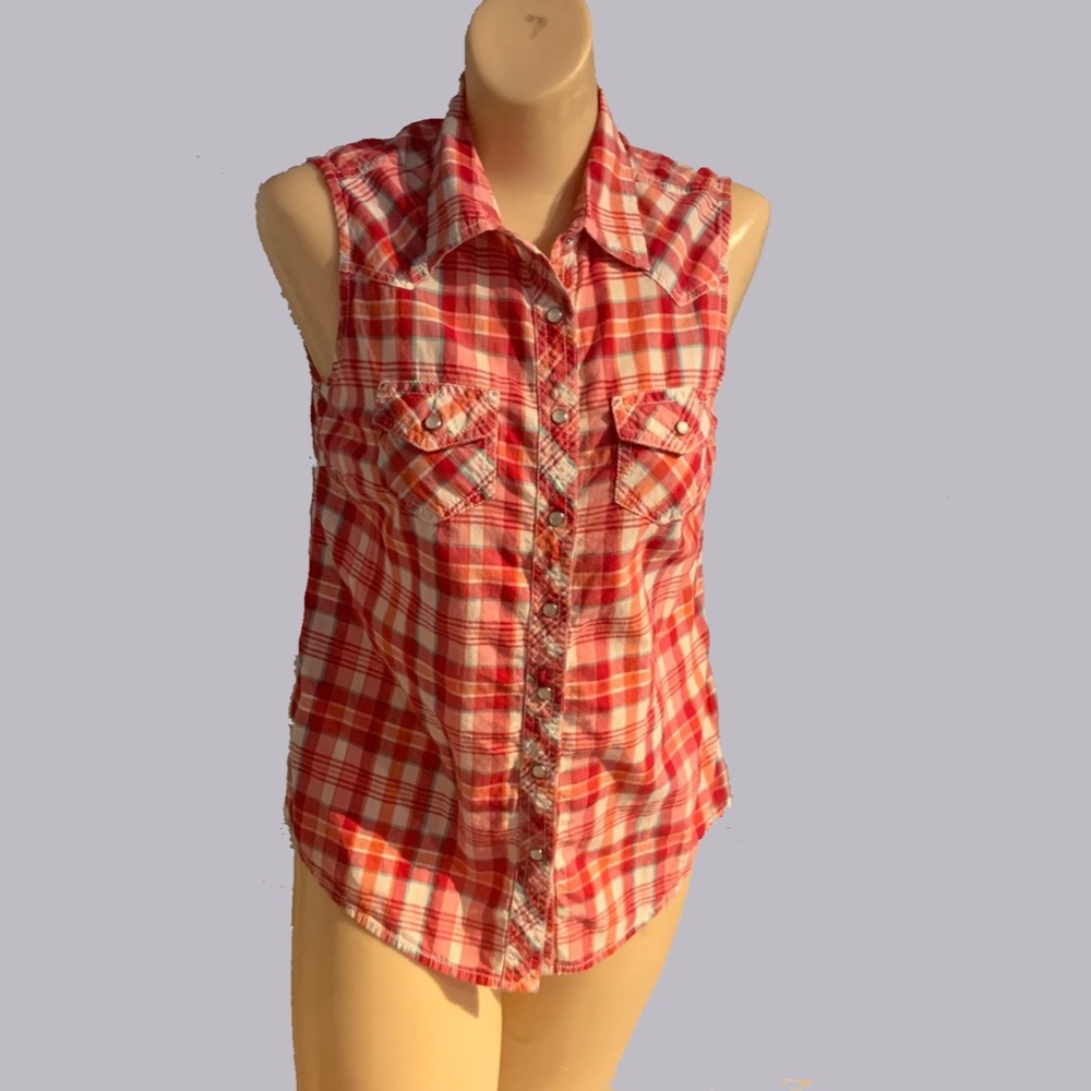 Country Chic Red Plaid Sleeveless Cowgirl Summer Blouse 4 to 6 Pearl Snaps
